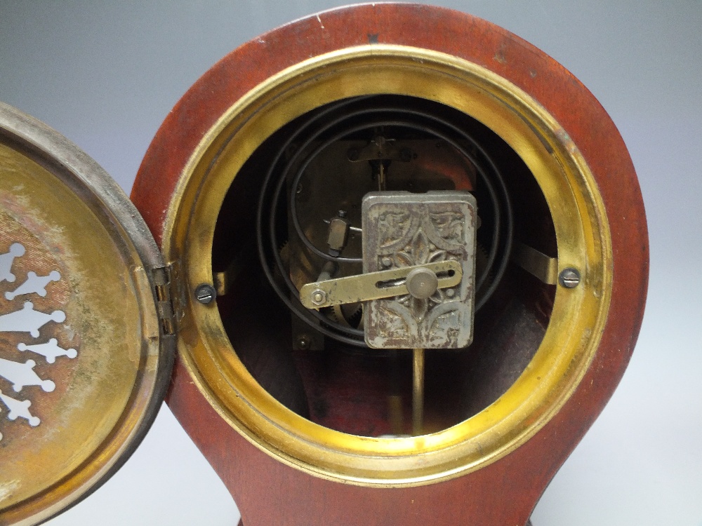 GUSTAV BECKER MAHOGANY INLAID BALLOON MANTEL CLOCK, the two train movement striking on a gong, H 31 - Image 5 of 8