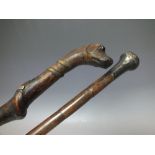 A WOODEN FOLK CARVED WALKING STICK WITH DOG HEAD POMMEL, having inset two-colour glass eyes, the tw