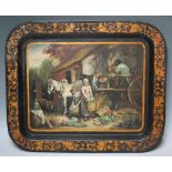 A 19TH CENTURY HAND PAINTED PAPIER MACHE TRAY AFTER GEORGE MORLAND (1763 - 1804). Horse, cart and f