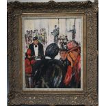 J.R. BARCLAY. Twentieth century impressionist restaurant interior with numerous figures, signed lo