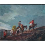 AN EARLY 20TH CENTURY IMPRESSIONIST STORMY MOORLAND SCENE WITH TRAVELLERS, two on horseback, signed