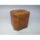 AN EARLY 19TH CENTURY SATINWOOD TEA CADDY, with inlaid border and central oval cartouche to hinged