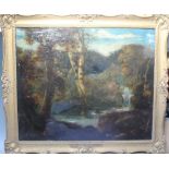 A 19TH CENTURY WOODED RIVER LANDSCAPE, with waterfall, deer and swan, unsigned, oil on canvas, fram