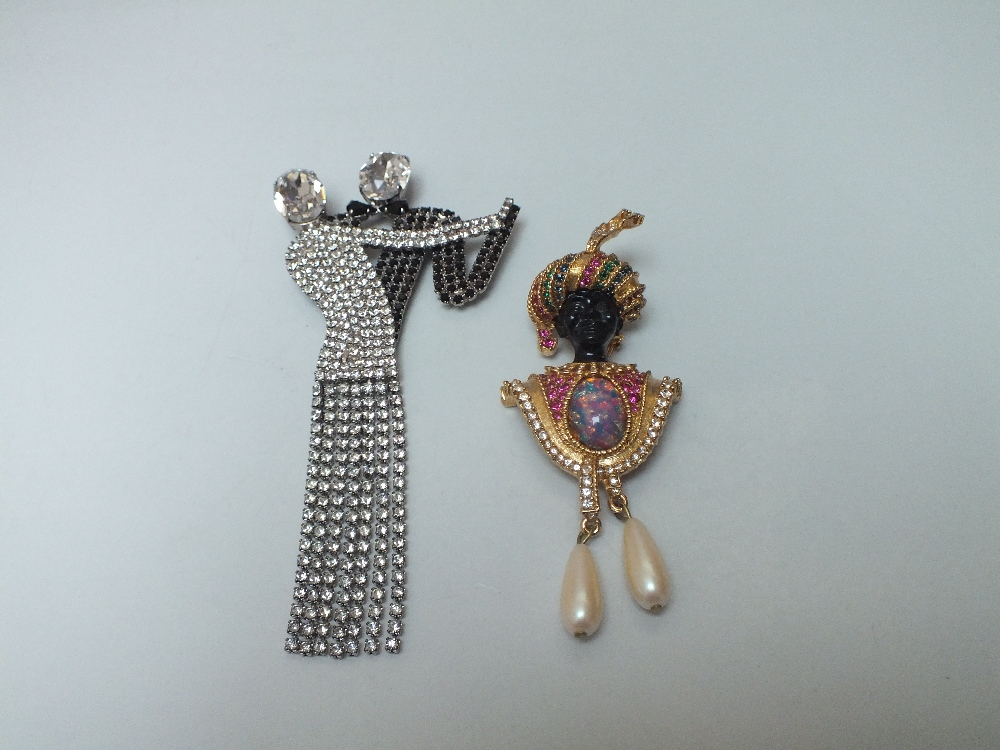 TWO VINTAGE BUTLER AND WILSON DESIGNER BROOCHES, comprising a 'Dancing Couple' brooch, H 13.4 cm an