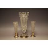 A PAIR OF PRESSED GLASS SILVER RIMMED VASES - BIRMINGHAM 1904, together with a large white metal e
