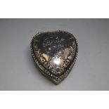 AN ART NOUVEAU HALLMARKED SILVER TOPPED HEART SHAPED GLASS BOX BY BOOTS PURE DRUG COMPANY - BIRMING