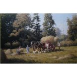 R MOSELEY (XX). Haymaking, signed lower right, oil on canvas, gilt framed, 50 x 74 cm