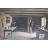 A LATE 19TH / EARLY 20TH CENTURY COTTAGE INTERIOR SCENE WITH FIGURE, unsigned, oil on canvas, unfra