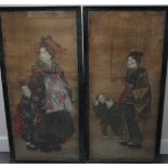 JAPANESE SCHOOL (XX). Geisha studies,on silk, framed and glazed, 79 x 34 cm (2) A/F¦Condition R