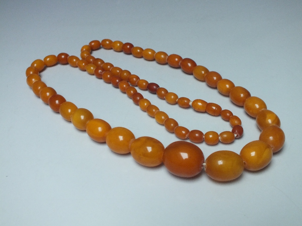 A GRADUATED SINGLE STRAND 'EGG YOLK' AMBER BEAD NECKLACE, overall L 75 cm, central bead W 2.1 cm, a - Image 2 of 6