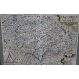 A 17TH CENTURY HAND COLOURED STAFFORDSHIRE MAP BY WILLIAM KIP, framed and glazed, 27 x 38 cm