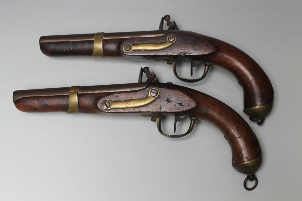 A PAIR OF 19TH CENTURY ANTIQUE BELGIAN FLINTLOCK PISTOLS, having mahogany stock, steel barrel with - Image 12 of 12