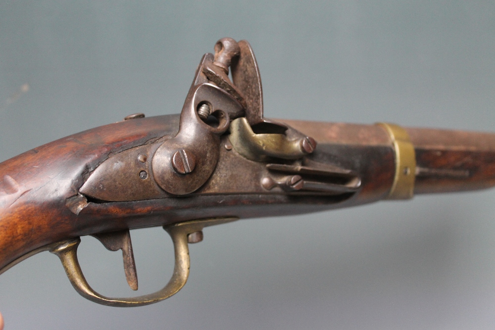 A PAIR OF 19TH CENTURY ANTIQUE BELGIAN FLINTLOCK PISTOLS, having mahogany stock, steel barrel with - Image 6 of 12