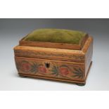 A REGENCY TYPE SATINWOOD WORKBOX, having painted decoration and pin cushion top, W 15.25 cm