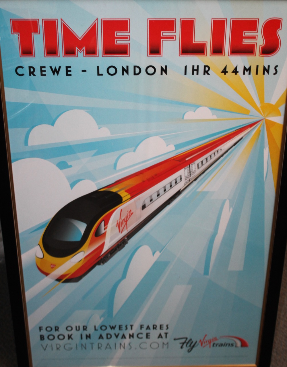 A RAILWAY POSTER 'CREWE' VIRGIN TRAINS, framed and glazed, 100 x 60 cm