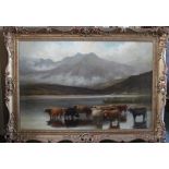 STEPHEN E HOGLEY (act. 1874-1893). Cattle watering in a Scottish Loch, signed lower right, oil on c