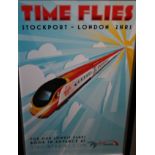 A RAILWAY POSTER 'STOCKPORT' VIRGIN TRAINS, framed and glazed, 100 x 60 cm, A/F