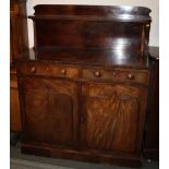 A 19TH CENTURY MAHOGANY CHIFFONIER OF SMALL PROPORTIONS, the raised stage back above two short draw