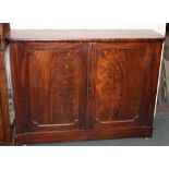 A 19TH CENTURY MAHOGANY TWO DOOR CHIFFONIER, having twin panelled doors above a plain plinth, H 98