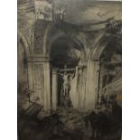 SIR FRANK BRANGWYN. Ruined cathedral with figures 'The Headless Christ', see verso, etching on pap