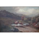 H.R.HALL (act. c.1875 - c.1902). 'Highland Cattle Fording the Pitch - Glenfinlas Perthshire', oil