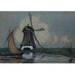 ATTRIBUTED TO SNOW GIBBS (1882 - c.1970). 'Windmill by Canal', unsigned, pastel and charcoal, unsi