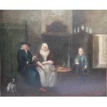 A LATE 18TH / EARLY 19TH CENTURY INTERIOR SCENE WITH FIGURES, unsigned, oil on canvas, unframed, 51
