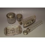 A SELECTION OF HALLMARKED SILVER DRESSING TABLE ITEMS, includes hat pin jars, card tray, etc vario