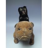 A VINTAGE MOHAIR BLACK CAT, straw filled, L 16 cm, together with an early 20th century bulldog toy,