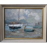 J. CLARKE. Modern British School, harbour scene with beached boats and figure, signed lower right,