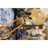 THREE TRAYS OF ASSORTED CHINA AND CERAMICS TO INCLUDE LARGE BLUE AND WHITE MEAT DISH, TWO