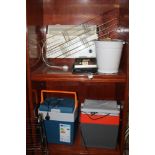 A QUANTITY OF ELECTRICALS TO INCLUDE COOLER BOXES, HEATER, TOGETHER WITH AN ENAMEL LIDDED BUCKET