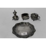A COLLECTION OF HALLMARKED SILVER ITEMS TO INCLUDE A SILVER TRAY A MUSTARD POT, ETC
