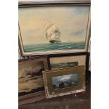 A QUANTITY OF ASSORTED PRINTS AND ENGRAVINGS TO INCLUDE AN OIL ON CANVAS OF A SHIP