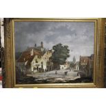 A GILT FRAMED OIL ON BOARD OF A VILLAGE SCENE SIGNED VOINITS (EASEL NOT INCLUDED)
