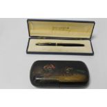 A BOXED SHEAFFER PEN TOGETHER WITH A HAND PAINTED RUSSIAN CASE