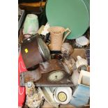 TWO TRAYS OF ASSORTED HOUSEHOLD SUNDRIES, CHINA AND CERAMICS, TO INCLUDE A CLOCK, HATBOX, ETC