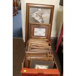 A QUANTITY OF FRAMED AND GLAZED POSTCARDS, VICTORIAN GREETINGS CARDS AND A PRINT OF HORSES TITLED '