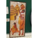 A FRAMED AND GLAZED AFRICAN TRIBAL PAINTING ON FABRIC SIGNED J. NGUGI