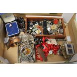 A BOX OF ASSORTED COSTUME JEWELLERY, ETC