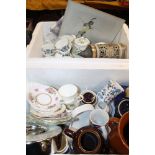 TWO TRAYS OF ASSORTED CHINA AND CERAMICS TO INCLUDE COLCLOUGH, GERMAN TANKARD, ETC