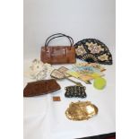 A COLLECTION OF LADIES ACCESSORIES TO INCLUDE EVENING GLOVES, HANDBAGS, FANS, ETC