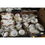 TWO TRAYS OF ASSORTED CHINA TO INCLUDE COALPORT INDIAN TREE, ROYAL ALBERT OLD COUNTRY ROSES,