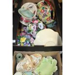 TWO TRAYS OF ASSORTED CHINA AND CERAMICS TO INCLUDE RADFORD, CROWN DEVON, WEDGWOOD, CARLTON WARE,