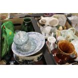 TWO TRAYS OF ASSORTED CHINA AND CERAMICS TO INCLUDE BESWICK, SYLVAC, COMMEMORATIVE WARE, ETC