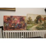 AN OIL ON CANVAS OF A TRIBAL SCENE SIGNED, TOGETHER WITH A SIGNED WATERCOLOUR OF A FARMYARD SCENE