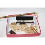 A QUANTITY OF ASSORTED COSTUME JEWELLERY TOGETHER WITH A RIDING CROP, BOXED LIGHTER, ETC