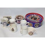 A COLLECTION OF COMMEMORATIVE COLLECTABLES TO INCLUDE MONEY BOX, MUGS, BISCUIT TIN, ETC