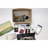 A QUANTITY OF ASSORTED COSTUME JEWELLERY, DUNHILL TABLE LIGHTER, BROOCHES, ETC