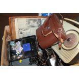 A TRAY OF COLLECTABLES TO INCLUDE A VINTAGE BUSH RADIO, A PAIR OF BINOCULARS, VINTAGE CLOTHES AIRER